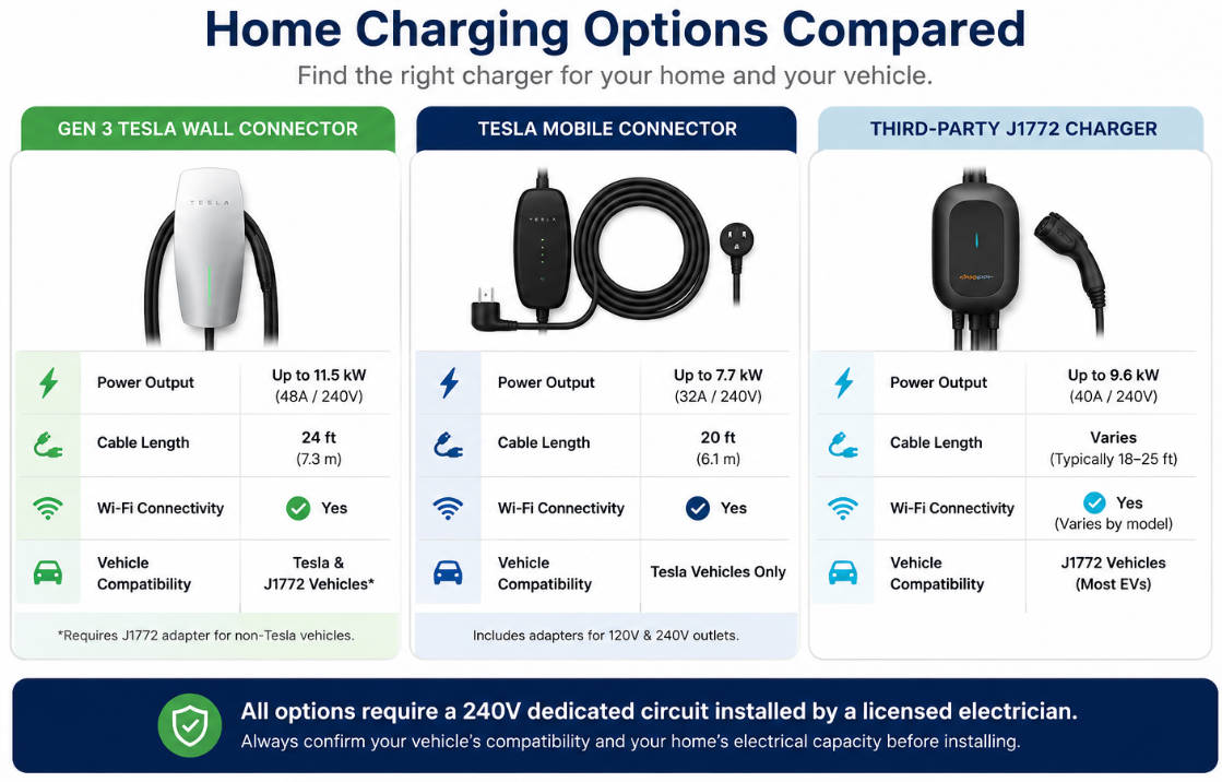 Minimalist infographic comparing Gen 3 Tesla Wall Connector, Mobile Connector, and third-party J1772 charger. Visualizes power output, cable length, Wi-Fi support, and compatibility, with each device isolated in rounded rectangles on a bright background, labeled for clear, accessible home charging guidance.
